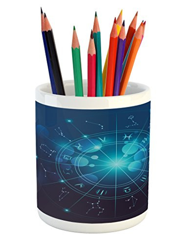 Ambesonne Astrology Pencil Pen Holder- Fortune Telling Birth Chart Zodiac Signs in Space Geometrical Image- Printed Ceramic Pencil Pen Holder for Desk Office Accessory- Turquoise Blue and White