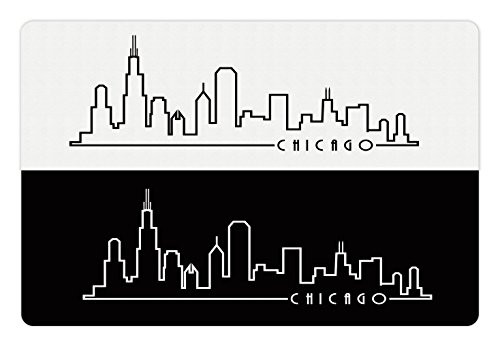 Ambesonne Chicago Skyline Pet Mat for Food and Water- Minimalist Style Urban Plan View City Chart Sketch American Abstract- Rectangle Non-Slip Rubber Mat for Dogs and Cats- Black and White