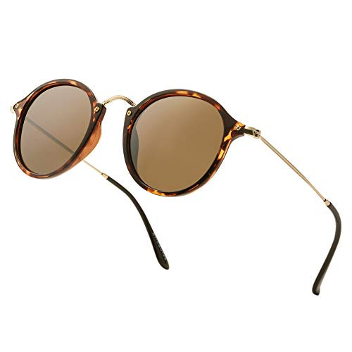 Round Sunglasses Men Women Polarized UV400 Protection Retro Style Circle Fleck Frame -Tortoise Frame/Polarized Brown Lens-