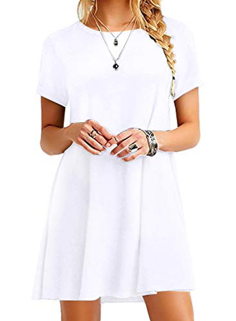 OMZIN Womens Casual Simple Sundress Short Sleeve Swing Shirt Dress White L OMZIN Womens Casual Simple Sundress Short Sleeve Swing Shirt Dress White L