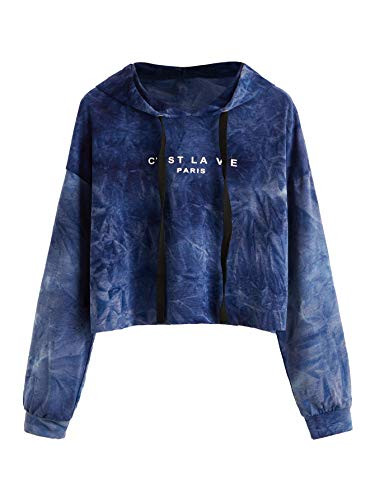 SweatyRocks Women's Tie Dye Long Sleeve Workout Crop Top Sweatshirt Hoodies Navy L