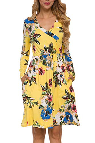 Womens Petite Cute Floral Long Sleeve Casual Tunic Dress with Pockets Yellow S