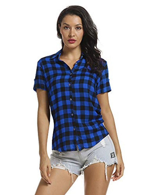 OCHENTA Women's Short Sleeve Blouses Plaid Button Down Shirt Casual Summer Wear Black Blue M