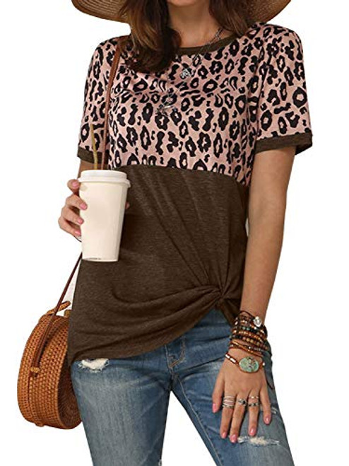 Women's Summer Casual Short Sleeve Shirts Leopard Print Stripe Twist Knot Color Block Tunic T Shirt Tops -02_Coffe- Small- Women's Summer Casual Short Sleeve Shirts Leopard Print Stripe Twist Knot Color Block Tunic T Shirt Tops -02_Coffe- Small-