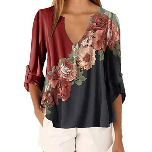 Xuan2Xuan3 Women's V Neck Long Sleeve Flower Tops Blouse Color Block Tunic Button Down Shirt Plus Size-S-5XL Red