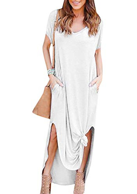 ZICUE Casual Long Dress for Women V Neck Split Maxi Dress Short Sleeve Fall Dresses White S