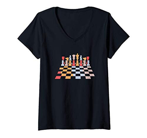 Womens Retro Chess Board And Pieces Chess Player Chess Lovers Chess V-Neck T-Shirt