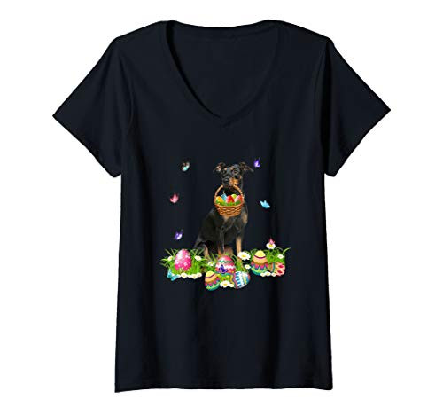 Womens Great Pyrenees Bunny Dog With Easter Eggs Basket Butterflies V-Neck T-Shirt