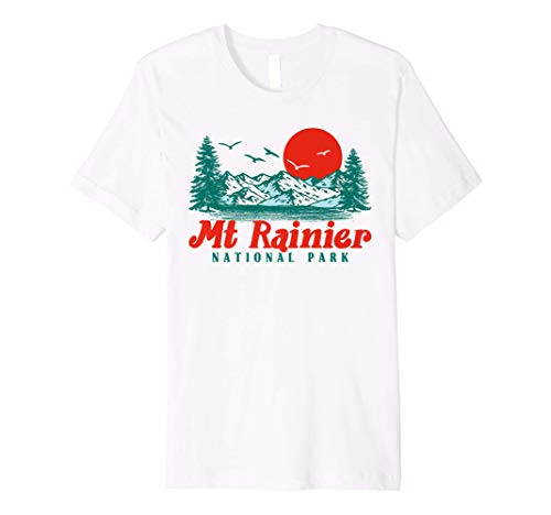Retro Mount Rainier Mountain Trees  and  Sun Scene Graphic Premium T-Shirt