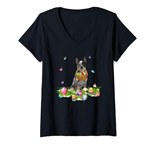 Womens Australian Cattle Bunny Dog With Easter Eggs Basket V-Neck T-Shirt