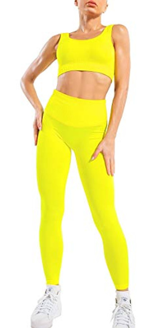 OLCHEE Women's 2 Piece Tracksuit Workout Outfits - Seamless High Waist Leggings and Stretch Sports Bra Yoga Activewear Set - Yellow Size L