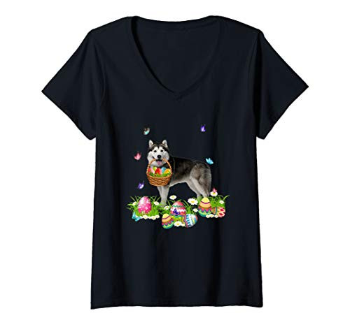 Womens Husky Bunny Dog With Easter Eggs Basket Butterflies V-Neck T-Shirt