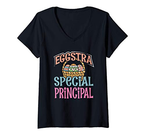 Womens Eggstra Special Principal Easter Basket With Colored Eggs V-Neck T-Shirt