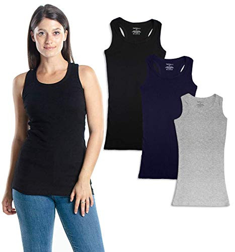 Womens Tank Tops- Basic Cotton Ribbed Racerback Tanktop -6 Pack- -Large- Assortment 2-