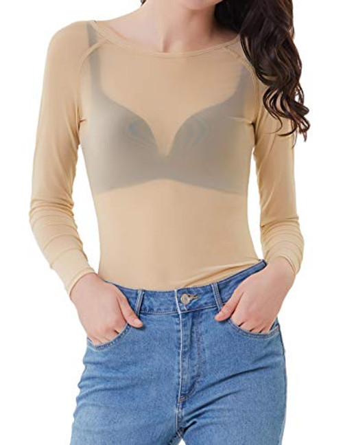 Kate Kasin Women Sexy Mesh Sheer See Through Long Sleeve Tops Tee Blouse Apricot