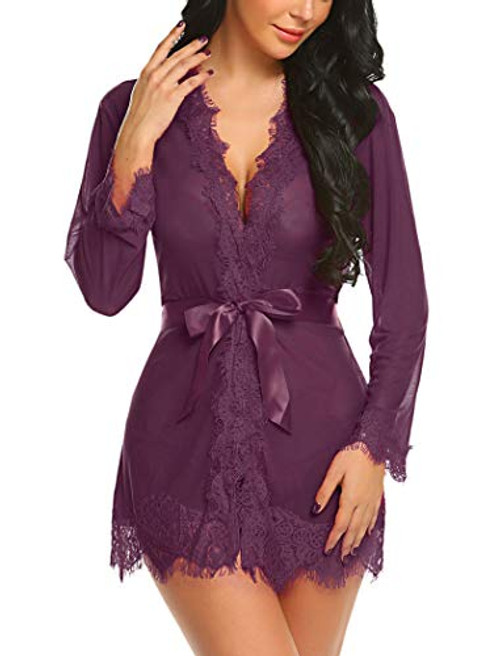 Avidlove Women Women's Lace Kimono Robe Babydoll Lingerie Mesh Nightgown Purple L Avidlove Women Women's Lace Kimono Robe Babydoll Lingerie Mesh Nightgown Purple L