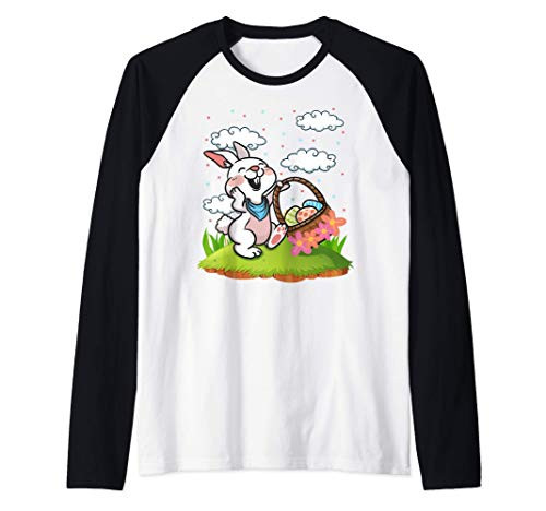 Very Cute Smiling Easter Bunny Holding Easter Egg Basket Raglan Baseball Tee