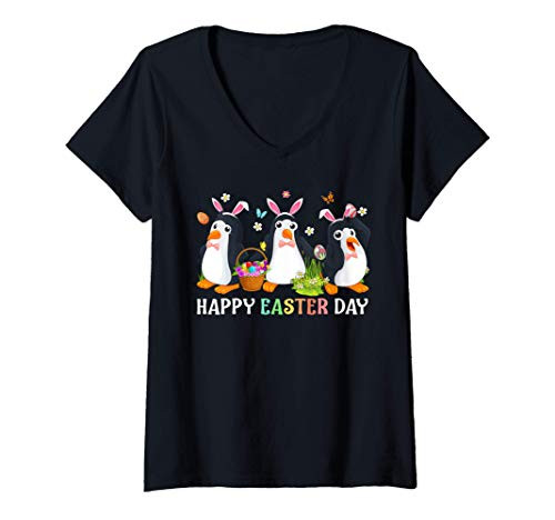 Womens Three Penguin Easter Day Bunny Ear Costume With Basket Eggs V-Neck T-Shirt