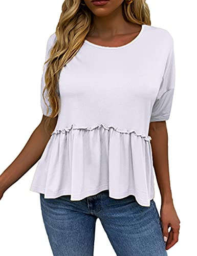 ASUOAgio Womens Summer Tops Ruffle Hem Round Neck High Low Peplum Blouse Top- White- Medium
