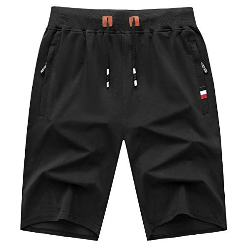 GEEK LIGHTING Mens Shorts Casual Comfortable Workout Shorts Drawstring Zipper Pockets Elastic Waist Black Large