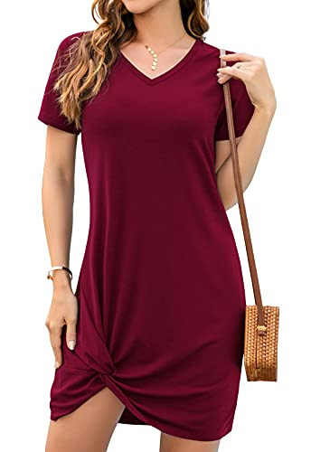 WANGZHI Women Summer Short Sleeve Loose Tshirt Dress V Neck Front Knot Twist Casual Dresses -Wine red-Medium-