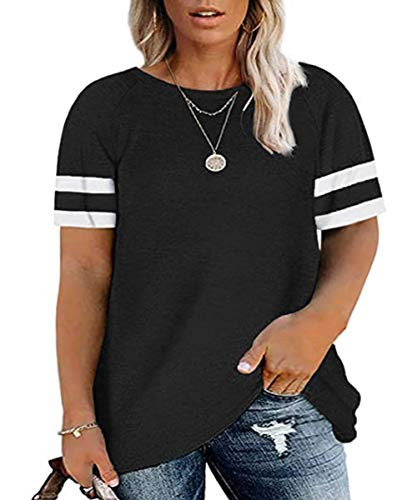 CARCOS Womens Plus Size Summer Tops 4X Color Block Shirts Short Sleeve Black Tees Crewneck Casual Striped Tunics Loose Fit Blouse 4XL 24W 26W