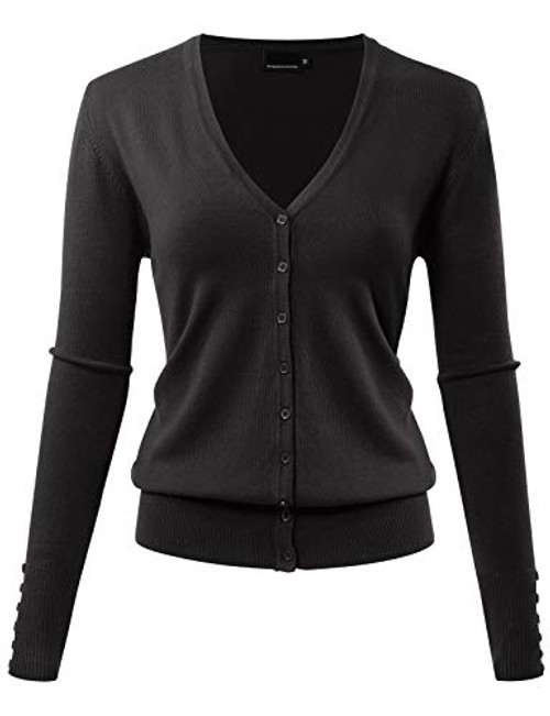 Women's Long Sleeve Button Down Basic Sweater Classic V-Neck Knit Cardigan Soft Knit M Black