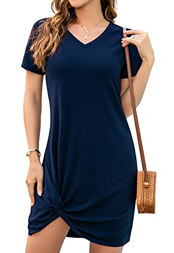 WANGZHI Women Summer Short Sleeve Loose Tshirt Dress V Neck Front Knot Twist Casual Dresses -Dark Blue-Large-