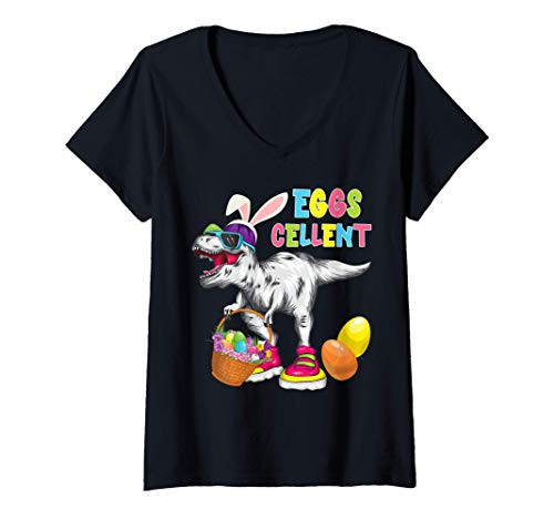 Womens Bunny Dinosaurs Eggcellent Easter Egg Basket T Rex Easter V-Neck T-Shirt
