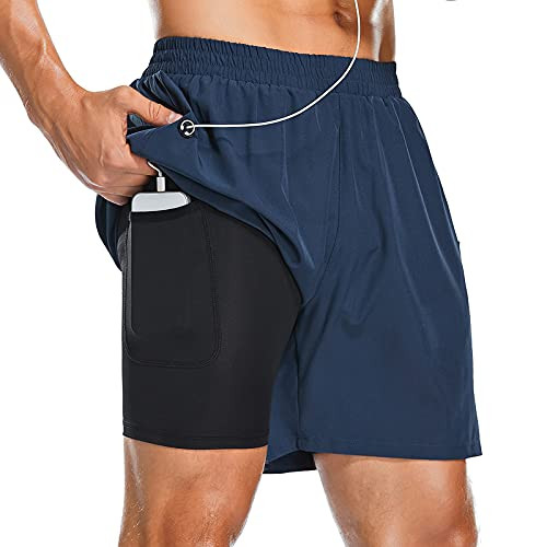 BTAPARK 2-in-1 Workout Training Shorts for Men Running Gym Shorts Quick Dry Athletic Jogger Shorts with Zipper Pocket Blue