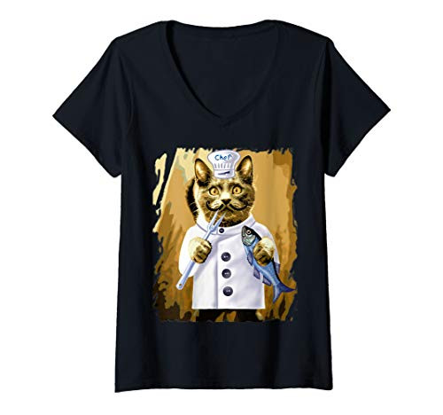 Womens Chef Funny cat Culinary Cooking Guru kitchen V-Neck T-Shirt