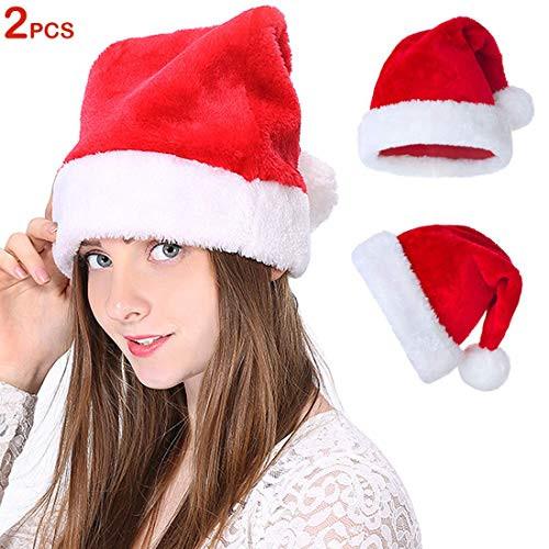 Santa Hat for Adult, Plush Red Velvet Comfort Liner Christmas Santa Hats for Men and Women (2 Pack)