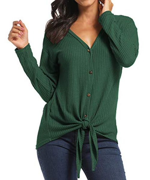 INWECH Womens Waffle Knit Tunic Blouse Tie Knot Henley Tops V-Neck Loose Fitting Shirts -Large- Dark Green-
