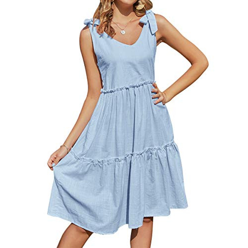 Tiered Ruffle Swing Boho Midi Beach Dresses for Women Sleeveless A-line Curvy Casual Summer Flowy Dress Blue