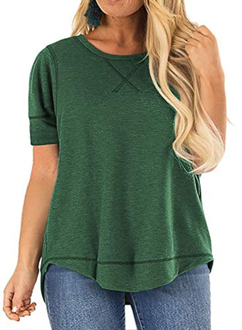 Women's Plus Size Tops Summer Short Sleeve Crewneck Tunic Tops Casual Blouse Side Split Tunics Shirts Green 20W