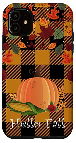 iPhone 11 Fall Leaves Pumpkin Halloween black and Orange Plaid Case