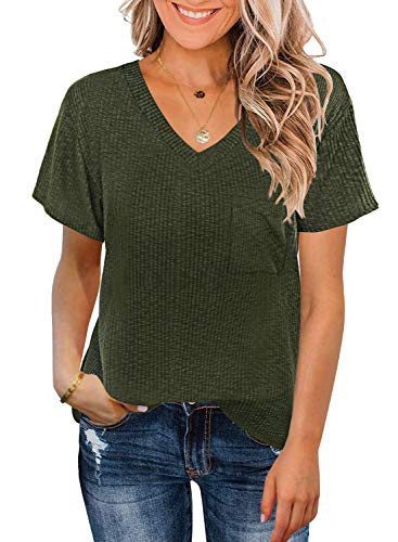 MIHOLL Plus Size Tops Short Sleeve V Neck Casual Loose Shirt for Women Summer Tees Shirts -Army Green- XX-Large-