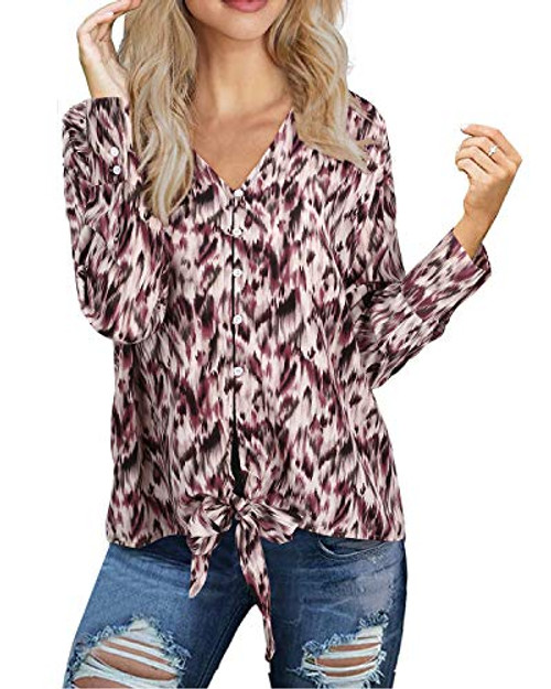 OUGES Women Button Front Shirts Casual V Neck Floral Tops Long Sleeve Blouse with Tie-Floral01-M- OUGES Women Button Front Shirts Casual V Neck Floral Tops Long Sleeve Blouse with Tie-Floral01-M-