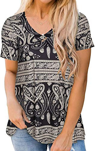 Womens Plus Size Top Short Sleeve Floral Blouses V Neck T Shirts Summer Buttons Tunic Tops-Multi Black-Large-
