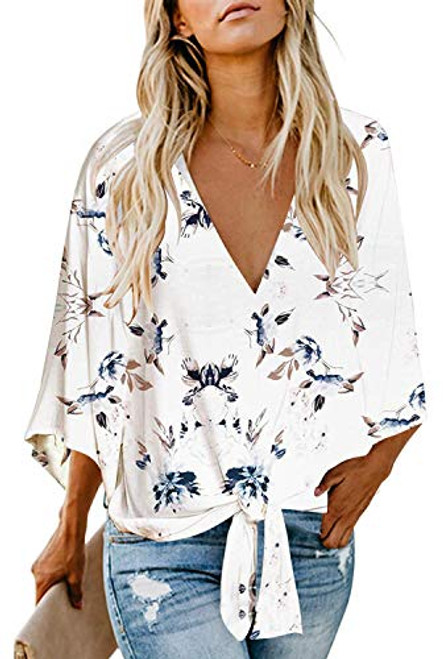 Women's Work Office Knot Front Floral Blouse Batwing Sleeve Loose Fitting Shirts Boho Tops 2XL White