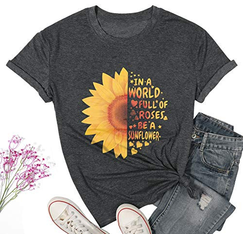 Sunflower Print T-Shirt Women Short Sleeve Graphic Shirt Top Casual Summer Funny Girls Tee Top