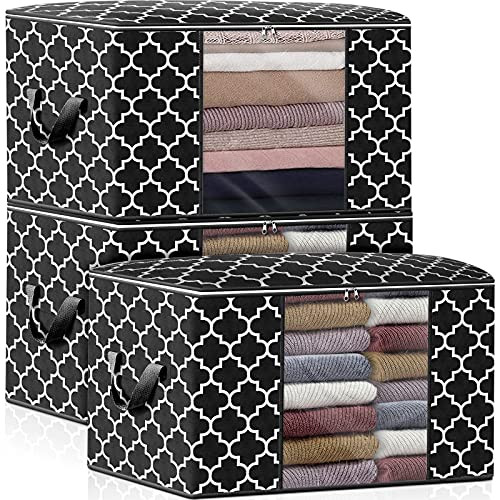 WISELIFE Storage Bags 100L 3-Pack Large Blanket Clothes Organization and Storage Containers for Bedding- Comforters- Foldable Organizer with Reinforced Handle- Clear Window- Sturdy Zippers- Black
