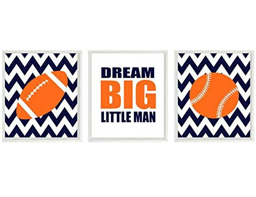 Sports Nursery Wall Art- Baby Boy Nursery- Football- Baseball- Dream Big LIttle Man Quote- Navy Blue Orange- Chevron Print- Boy Room Decor