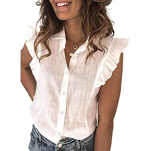 Womens Ruffle Sleeve T Shirt Button Down Turndown Collar V Neck Blouse Plus Size Summer Casual Loose Solid Color Tees Tops White