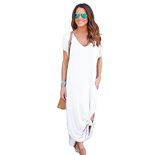 Women's Casual Loose Pocket Long Dress Short Sleeve Split Maxi Dresses White Women's Casual Loose Pocket Long Dress Short Sleeve Split Maxi Dresses White