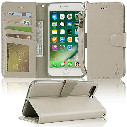 Arae Case for iPhone 7 Plus/iPhone 8 Plus, Premium PU Leather Wallet Case with Kickstand and Flip Cover for iPhone 7 Plus (2016) / iPhone 8 Plus (2017) 5.5" (not for iPhone 7/8) - Beige & Light Gray