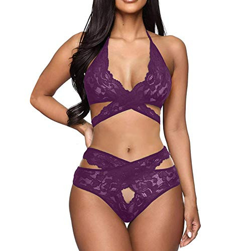 Women's Exotic Lingerie Sets-Women Sexy Lace 2 Piece Babydoll Bodysuit Bra and Panty Set Bralette Lingerie Purple Women's Exotic Lingerie Sets-Women Sexy Lace 2 Piece Babydoll Bodysuit Bra and Panty Set Bralette Lingerie Purple