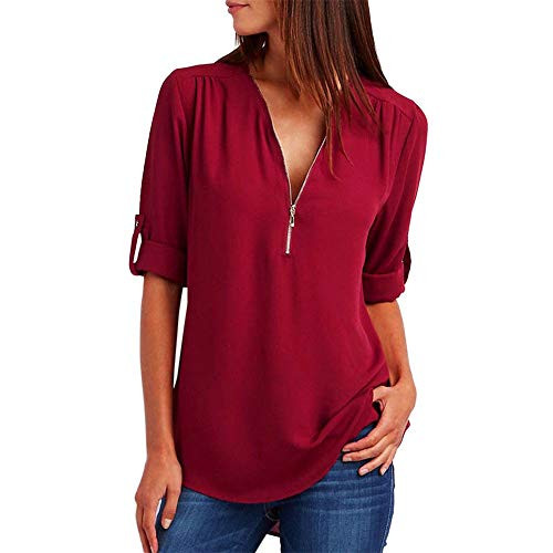 Aniywn Women's Zipper V-Neck Short Sleeve Tops Loose Solid Color Summer Basic Daily Blouse T-Shirt-Red-L-