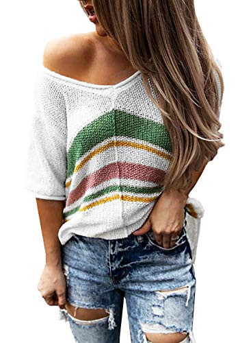 Aleumdr Women's Striped V Neck Knit Short Sleeve Tops Casual Loose Blouse T Shirt White X-Large 16 18