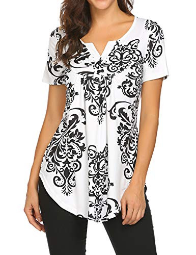 Plus Size Tunic Tops-Women Vintage V Neck Paisley Blouse Short Sleeve Flowy Tops Shirt Black-XXL